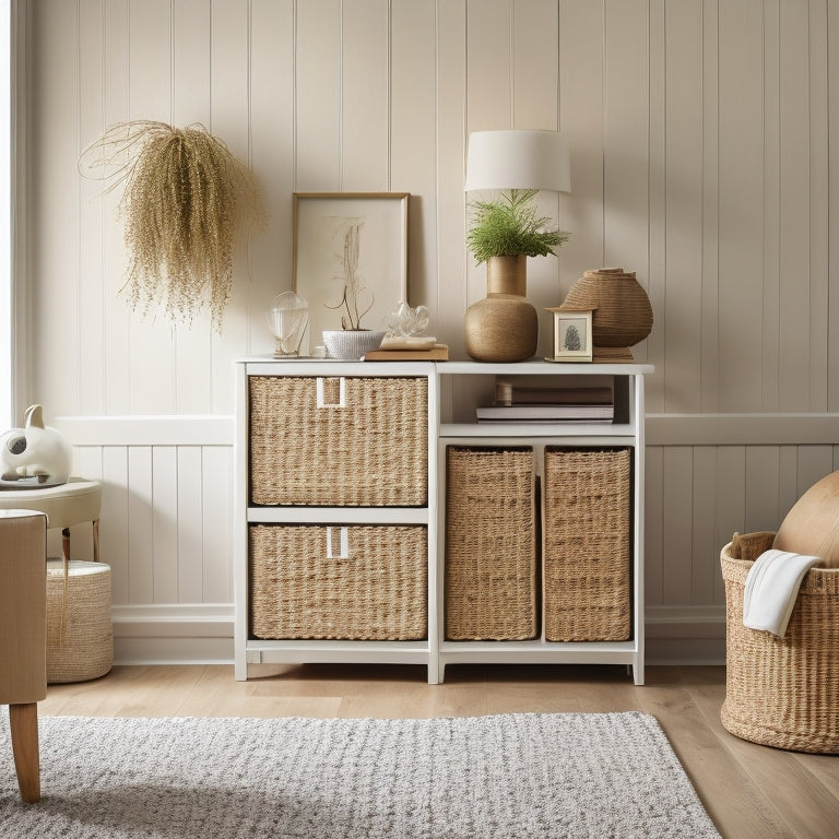 A serene, well-lit living room with a neutral-colored wall featuring a tall, white storage cabinet with five removable woven bins in various sizes, surrounded by a few neatly placed decorative objects.