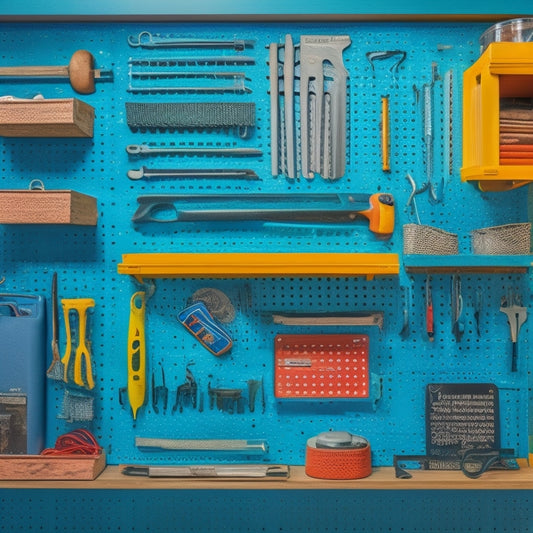 A colorful and well-organized pegboard with various tools and accessories, including wrenches, pliers, and screwdrivers, hung neatly in labeled sections with dividers and baskets.