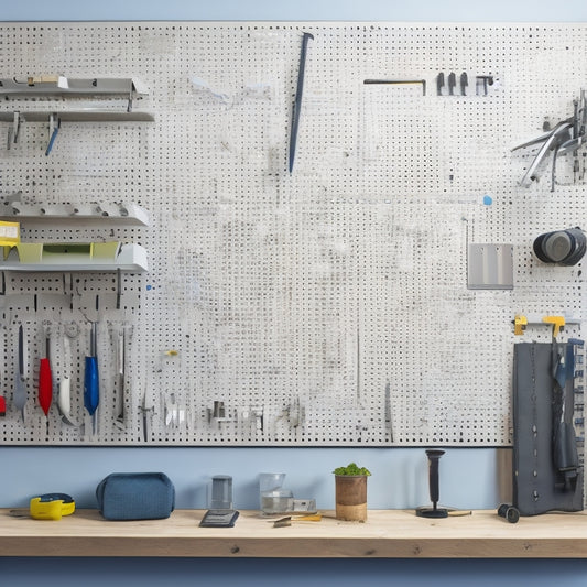 An organized workshop with a large, rectangular pegboard mounted on a light gray wall, surrounded by various tools and accessories, with a subtle grid pattern in the background.