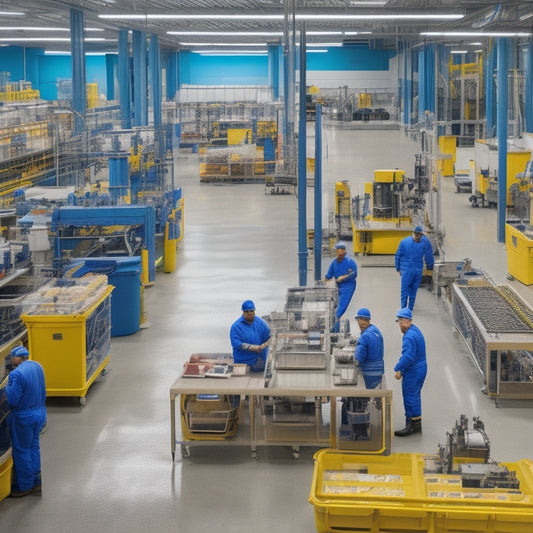 A clutter-free factory floor with organized workstations, labeled storage bins, and a few workers in the background, smiling and efficiently assembling products amidst a backdrop of clean machinery and pipes.