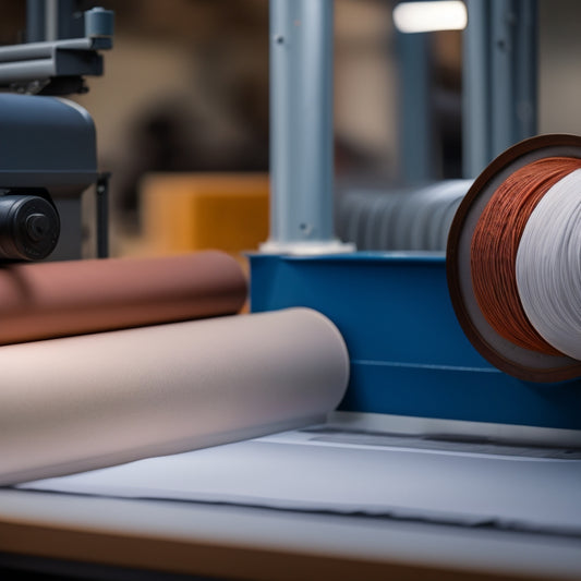 A close-up of a soft rubber roller, rounded and cylindrical, with a subtle sheen, resting on a sleek, modern printing press, surrounded by rolls of paper and ink-stained trays.