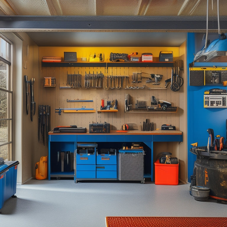 A well-organized garage interior with a sturdy, wall-mounted tool shelf featuring neatly arranged hand tools, power tools, and storage bins, surrounded by a sleek sports car and a workbench.