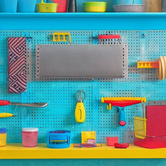 A pegboard with a mix of small and large tools, hooks, and bins, organized by categories, with a pop of bright color and a subtle grid pattern in the background.