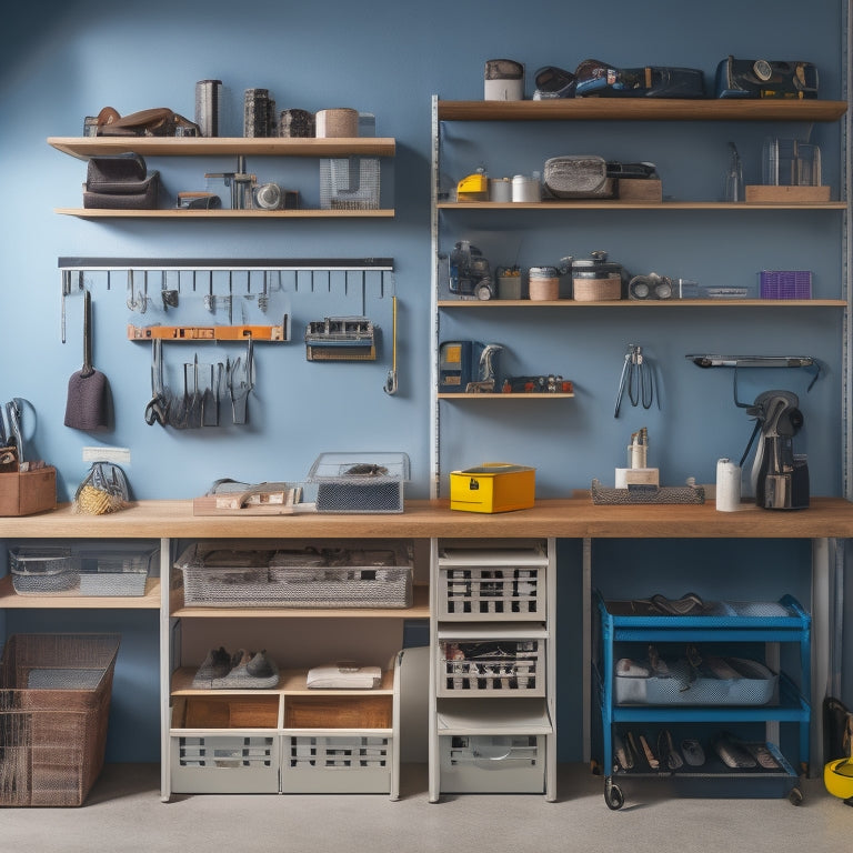 A tidy small workshop with a pegboard on the wall, holding various tools and accessories, alongside a compact rolling cabinet with labeled drawers, and a few neatly organized bins on a nearby shelf.