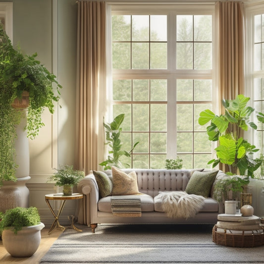 A serene, bright living room with restored wooden windows, adorned with lush greenery and soft, white curtains, flooded with warm, golden natural light.