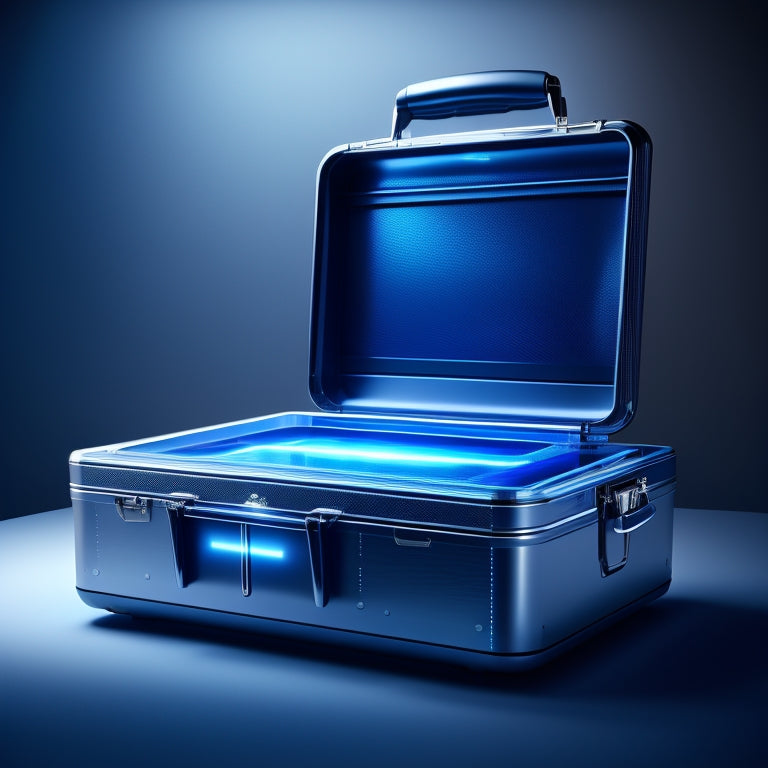 A sleek, silver briefcase with a glowing blue strip along the spine, opened to reveal a compact, futuristic storage device with swirling lights and a holographic display.