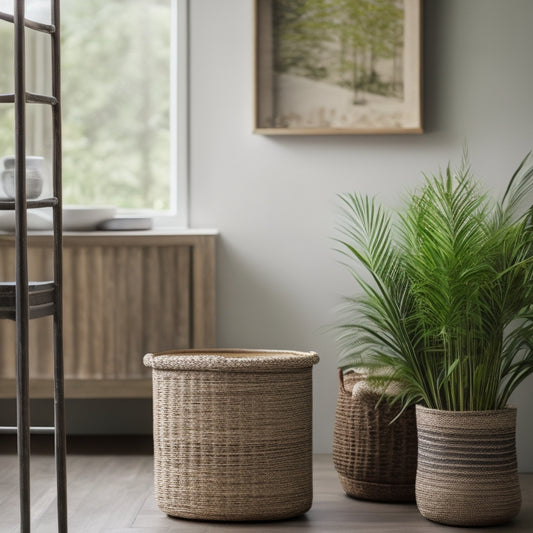 A serene, minimalist interior scene featuring a woven seagrass waste bin, a ceramic compost container, and a set of bamboo storage baskets, arranged artfully on a reclaimed wood shelf amidst lush greenery.