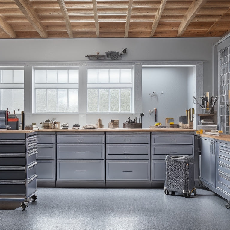 A clutter-free workshop with a sleek, silver rolling tool chest in the center, surrounded by neatly organized tools, gleaming metal surfaces, and a subtle hint of natural light.