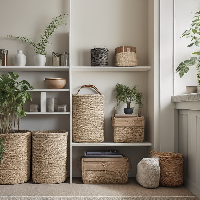 A tidy, modern living room with wall-mounted shelves holding wicker storage bins in various sizes, containing folded linens, books, and decorative objects, with a few plants and a minimalist vase nearby.