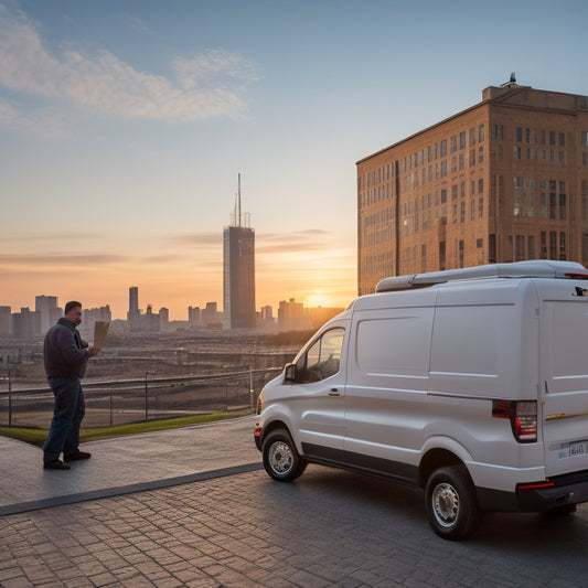 A sleek, white mobile work van with organized storage bins, a built-in workstation, and a roof rack, parked in front of a cityscape at sunset with a blurred worker in the background.