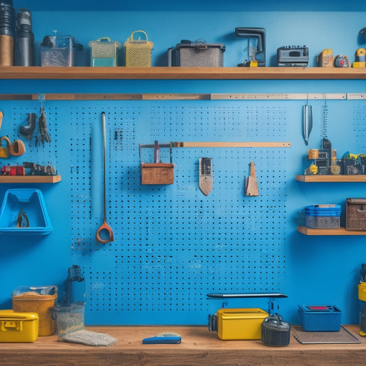 A clutter-free workshop with a pegboard on the wall, holding a neatly organized assortment of tools, and a nearby toolbox with dividers and a label maker on top.