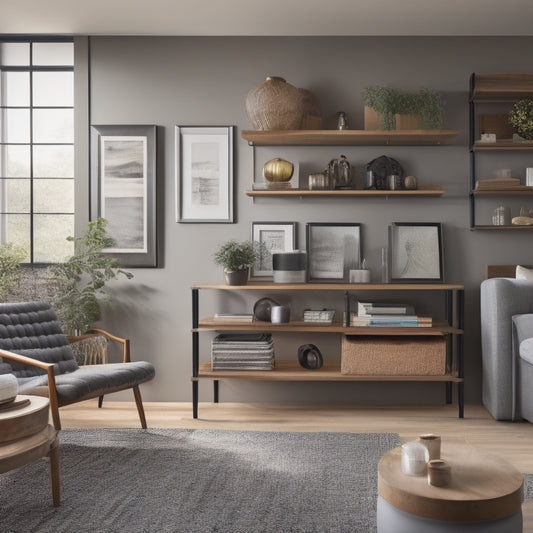 A modern living room with a partially built custom shelving unit, featuring wooden planks, metal brackets, and decorative vases, surrounded by design plans, pencils, and a measuring tape.