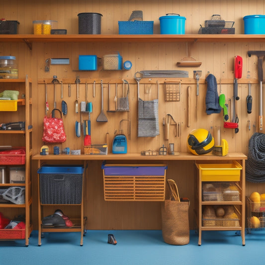 A tidy, well-organized garage with a prominent pegboard featuring hooks, bins, and baskets in a mix of metallic and wooden finishes, surrounded by neatly hung tools and accessories.