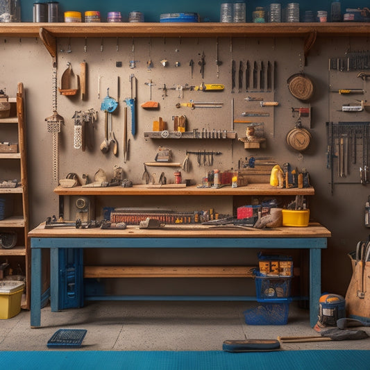 A brightly lit, organized workshop with a pegboard on the wall, holding neatly arranged tools and supplies, surrounded by a tidy workbench and floor, with a subtle background of wood grain and metal.