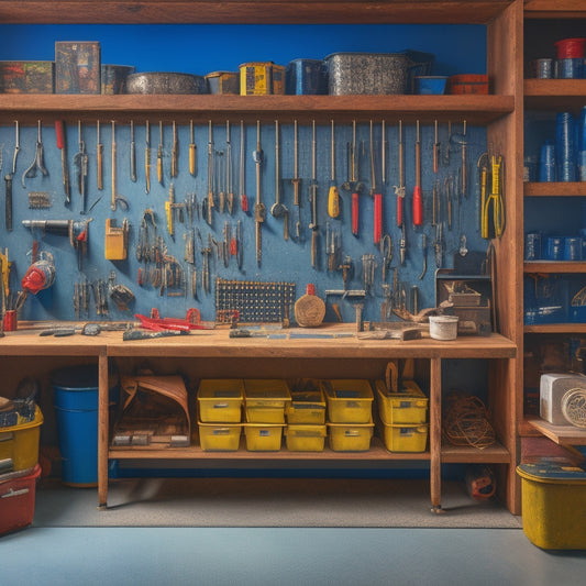 A tidy workshop with a partially open tool cabinet, revealing neatly arranged tools on pegboards, hooks, and labeled bins, surrounded by a clean and organized workbench and floor.