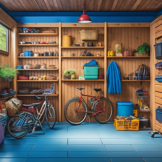 A clutter-free garage with a slatted wall system, bikes suspended from the ceiling, and labeled bins stacked on shelves, surrounded by seasonal items like camping gear, winter coats, and gardening tools.