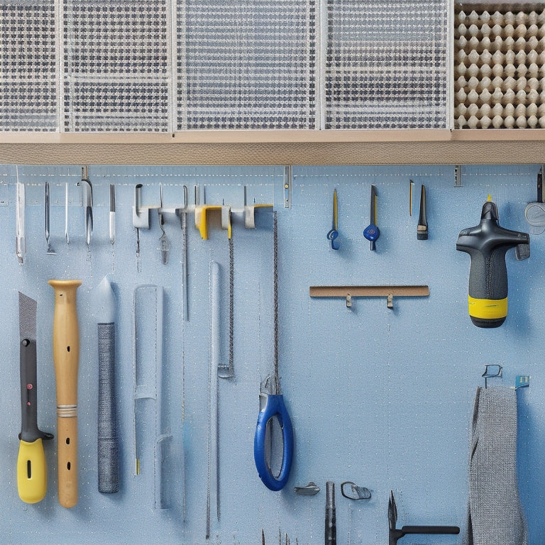 A well-organized pegboard with various tools and accessories, including a drill, level, and screwdrivers, hung from sturdy hooks and bins, set against a clean, gray background with subtle grid lines.