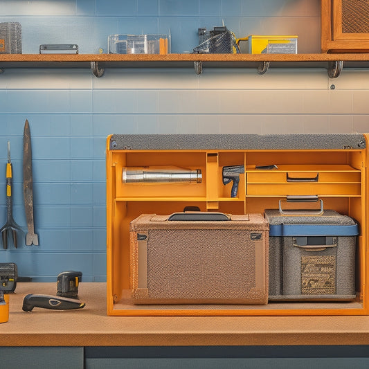 A well-organized tool box with various compartments, a pegboard, and a built-in charging station, set against a clean and minimalist workshop background with a few strategically placed tools and gadgets.