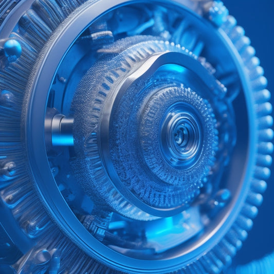 A futuristic, high-contrast illustration featuring a sleek, silver drill with a circular, gear-like mechanism at its center, surrounded by swirling blue lines and subtle, glowing accents.