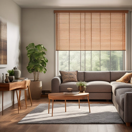 A modern living room with a large window, featuring a stylish cordless faux wood blind in a natural wood tone, with soft, warm lighting and a minimalist aesthetic.
