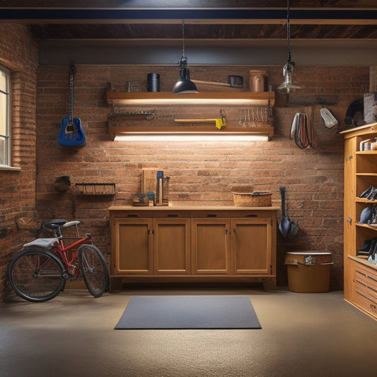 A well-lit, organized garage with a sturdy, wooden workbench featuring a vice, built-in storage bins, and a pegboard with hung tools, surrounded by a concrete floor and exposed brick walls.