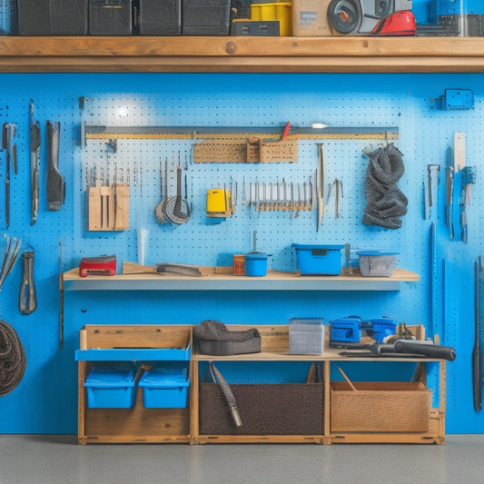 A clutter-free garage with a pegboard on the wall, holding a variety of tools, including a hammer, pliers, and screwdrivers, alongside a toolbox with labeled drawers and a workbench with built-in storage.