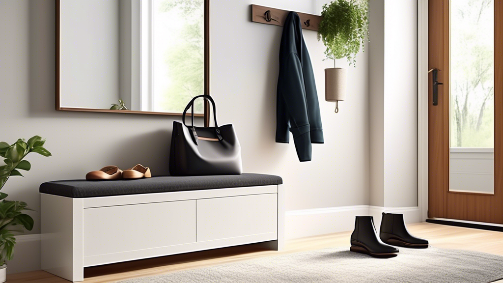 Create an image of a modern entryway design featuring a sleek sliding door shoe storage bench. The bench should be stylish and functional, providing a space-saving solution for keeping shoes neatly organized. Include elements like a minimalist coat r