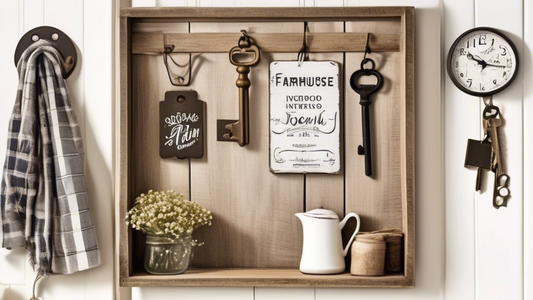 Create an image of a charming farmhouse interior with a rustic key organizer hanging on the wall. The key organizer should be made of weathered wood or metal with hooks for keys, and surrounded by quaint farmhouse decor such as vintage signs, mason j