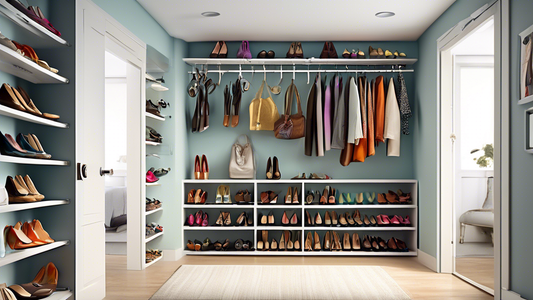 Create an image of a spacious shoe closet with shelves filled with neatly arranged shoes, and a key hook bar system installed on the closet door to help organize keys and keep them easily accessible. Show various types of shoes, such as sneakers, boo