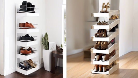 Create an image of a sleek and modern shoe tower that fits perfectly in a contemporary entryway. The shoe tower should have multiple levels with organized compartments for different types of shoes, showcasing both its practical functionality and styl