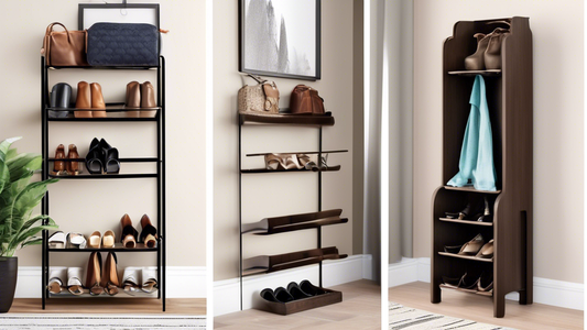 Create an image of a stylish and functional entryway featuring a shoe storage tower as the focal point. Show the shoe storage tower neatly organizing a variety of shoes in a sleek and organized manner. The entryway should be aesthetically pleasing an