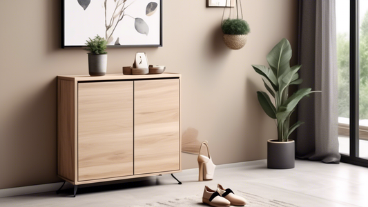 Create an image of a modern shoe cabinet that incorporates a sleek key rack into its design, perfect for organizing your entryway. The shoe cabinet should have a minimalist and functional aesthetic, with ample storage space for shoes and a designated