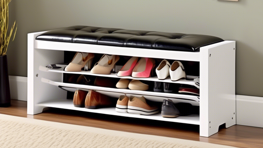 Create an image of a stylish and functional lift-top shoe storage bench with various pairs of shoes neatly organized inside. The bench should be placed in a hallway or entryway, showcasing how it helps keep shoes organized and out of sight while also