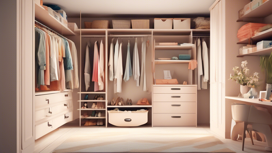 An organized and aesthetically pleasing closet with DIY elements, such as hanging shelves, custom drawers, and clever storage solutions, in soft neutral tones