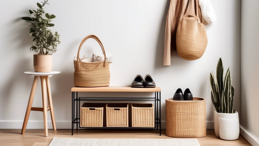 Please generate an image of a stylish and practical shoe storage solution for an entryway, incorporating elements like a sleek shoe rack, decorative baskets, and a minimalist bench.