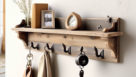 Create an image of a rustic farmhouse key rack featuring elegant hooks that can be mounted on a wall by an entryway. The key rack should be made of reclaimed wood with a distressed finish, adding to the farmhouse aesthetic. The hooks should be stylis