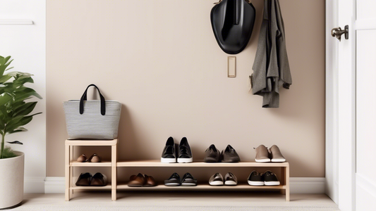 Create an image of a modern, stylish entryway featuring a sleek shoe shelf with various organized pairs of shoes and a key rack with decorative hooks for keys. The design should emphasize functionality and aesthetic appeal, showcasing how to keep you