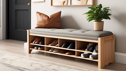 Create an image of a stylish and organized entryway featuring a shoe storage bench that complements the decor. The bench should be neatly filled with shoes, with additional space for bags and coats. The entryway should feel welcoming and clutter-free