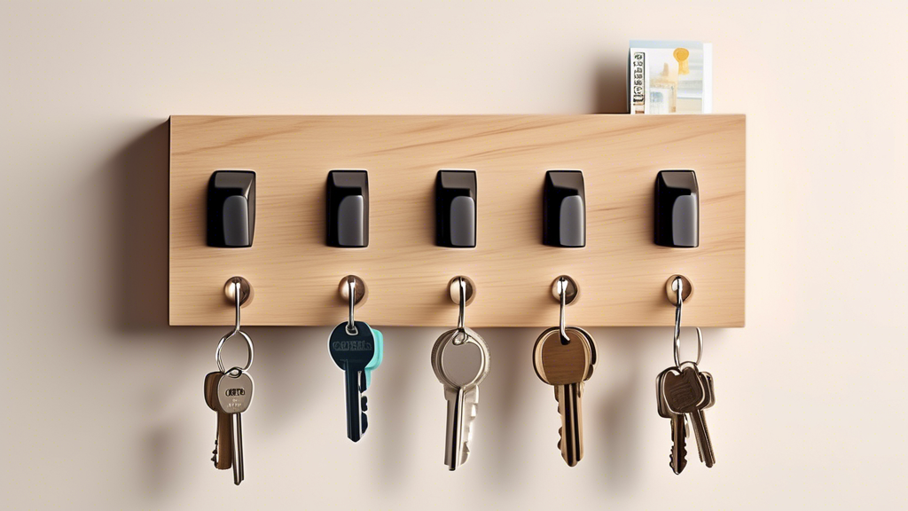 Create an image of a compact and stylish key holder specifically designed for apartment living. The key holder should showcase modern design elements and features that make it ideal for organizing keys in small living spaces. The image should convey 