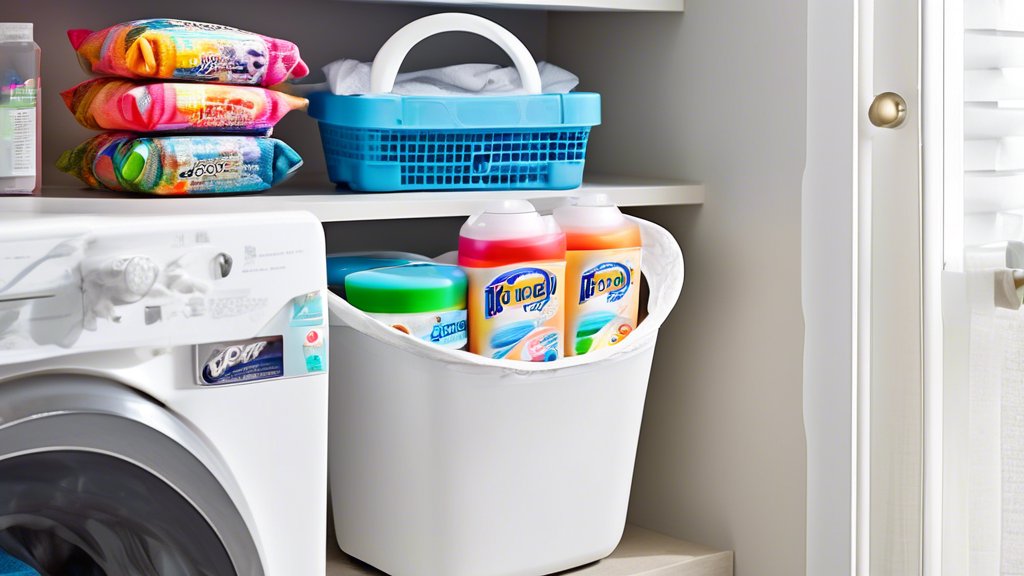 A white basket filled with colorful laundry detergent pods, sitting on a shelf next to a washing machine. The basket has a handle and is filled to the brim with detergent. The shelf is white and has a