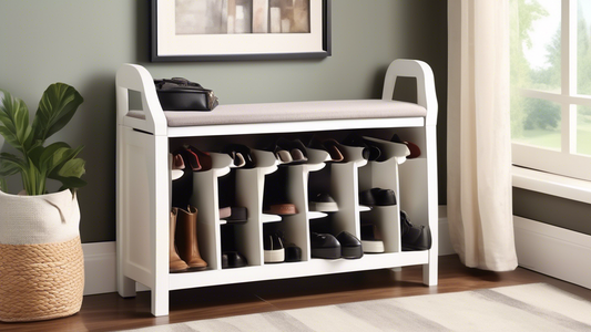 Create an image of a stylish and functional shoe storage bench with a cushioned seat, featuring key hooks for added organization. The design should emphasize comfort and practicality, showcasing a modern and sleek look suitable for any entryway or ha
