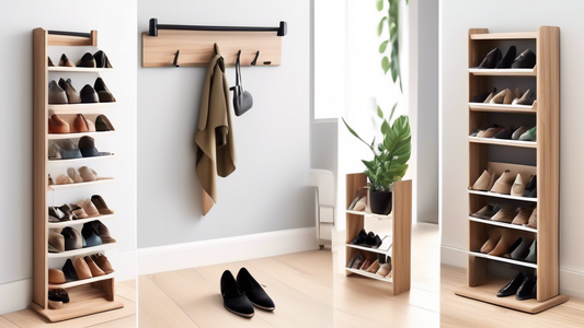 Create an image of a modern and sleek shoe rack organizer featuring multiple tiers for shoe storage, a built-in mail holder, and hooks for keys. The design should be practical and stylish, perfect for a tidy and organized entryway or hallway.