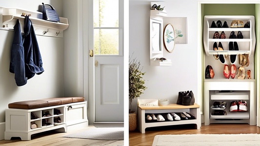 Create an image of a small entryway with clever and creative shoe storage solutions. Show different ideas such as hanging shoe racks, under bench storage compartments, and wall-mounted shoe organizers to maximize space in a tiny entryway. The scene s