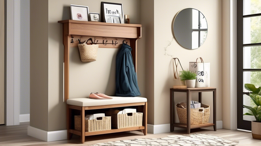 Create an image of a stylish and organized apartment entryway showcasing key elements for a clutter-free and functional space. Include features such as a shoe rack, coat hooks, a small table or shelf for keys and mail, a mirror, and storage baskets f
