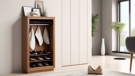 Please generate an image of a sleek and modern shoe cabinet with a built-in key rack. The design should showcase the organization of shoes within the cabinet and highlight the practicality of having a key rack integrated into the furniture piece. The