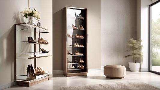 Create an image of a modern entryway featuring a sleek glass shoe cabinet with illuminated shelves displaying a collection of stylish shoes. The cabinet should be placed against a soft neutral-colored wall, with a plush rug on the floor and a large m