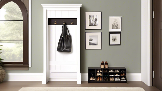 Create an image of an ultimate entryway organization setup that includes a sleek shoe rack, a stylish mail organizer, and a set of decorative key hooks. The shoe rack should be modern and minimalist, the mail organizer should have multiple compartmen