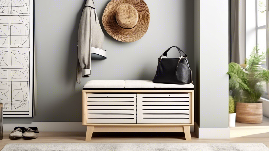 Create an image of a modern entryway shoe storage bench with sliding doors that showcases five stylish designs incorporating different materials such as wood, metal, and glass. Each design should feature a unique color scheme and sleek, contemporary 