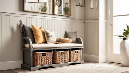 Create an image of an elegant entryway featuring a shoe bench with cushioned seating and wicker baskets underneath for stylish storage. The design should showcase a neat and organized space, with shoes neatly tucked away in the baskets and a few deco