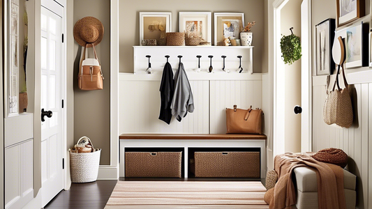 Create an image of a stylish and organized entryway in a busy family's home, showcasing efficient storage solutions such as wall-mounted hooks, a shoe rack, labeled baskets for accessories, and a sleek bench with built-in storage compartments. The sp